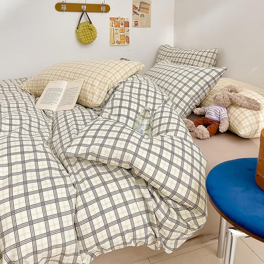 VM VOUGEMARKET Grey Plaid Duvet Cover Sets Queen,3 Pieces Checkered Comforter Cover with Zipper Closure for Men Boys Soft Muslin Cotton Bedding Set (90"x90")