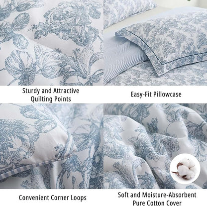 Vintage Cotton Comforter Queen Size 3Pcs - Elegant Pale Slate Blue Floral Pattern on White with Light Blue & White Striped Reverse, Luxurious Lightweight Bedding Sets with Soft Fill(90"×90")