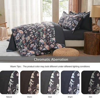 7 Piece Queen Comforter Set, Black Butterfly Floral Comforter Set with Flowers Leaves Pattern, Soft Microfiber Complete Bedding Set for All Season(Black, Queen)