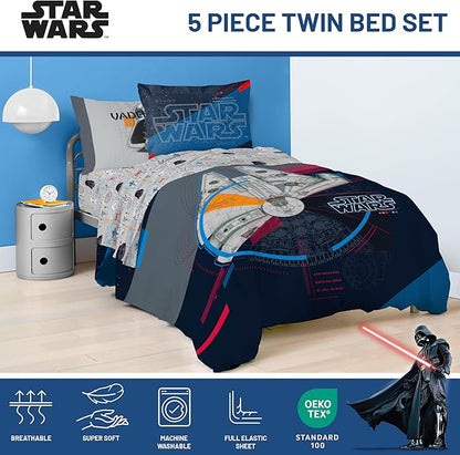 Jay Franco Kids Comforter Set Includes Sheets and Pillow Covers - Soft and Cozy Bed Set for Stylish Room Decor, Dark Blue - Star Wars, 5 Piece Twin Bedding