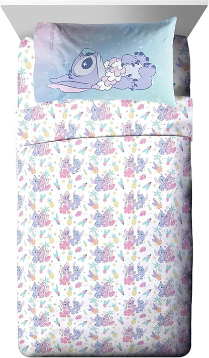 Jay Franco Disney Lilo and Stitch Full Size Comforter Set - 7 Piece Floral Bedding Includes Sheet Set & Pillow Covers Features Angel - Super Soft Purple & Teal Stars Kids Bedding