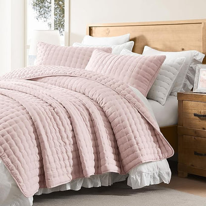 WDCOZY Pink Queen Size Quilt Bedding Sets with Pillow Shams, Lightweight Soft Bedspread Coverlet, Quilted Blanket Thin Comforter Bed Cover, All Season Summer Spring, 3 Pieces, 90x90 inches