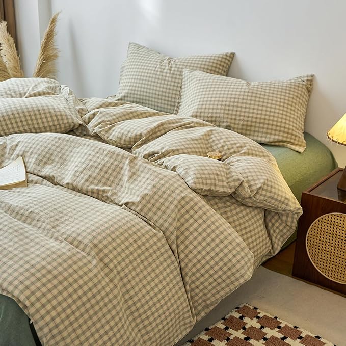EAVD Vintage Style Green Plaid Duvet Cover Twin Soft 100% Washed Cotton Chic Checkered Gingham Bedding Set with 2 Pillowcases Farmhouse Green Gingham Duvet Cover with Zipper Closure
