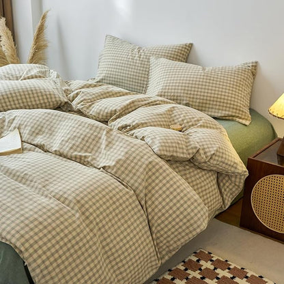 EAVD Vintage Style Green Plaid Duvet Cover Twin Soft 100% Washed Cotton Chic Checkered Gingham Bedding Set with 2 Pillowcases Farmhouse Green Gingham Duvet Cover with Zipper Closure