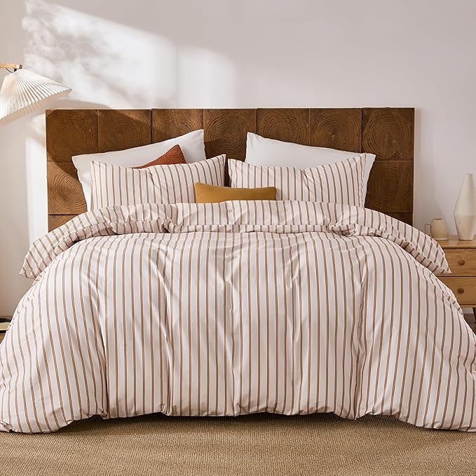 Merryword Striped Duvet Cover Set King Size 3 Pieces 100% Cotton Duvet Cover Set with Beige and Terracotta Vertical Stripe Design,Soft Lightweight Reversible Bedding Set for All Seasons