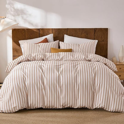 Merryword Striped Duvet Cover Set King Size 3 Pieces 100% Cotton Duvet Cover Set with Beige and Terracotta Vertical Stripe Design,Soft Lightweight Reversible Bedding Set for All Seasons