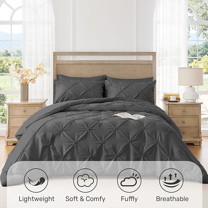 UNIKOME Queen Comforter Set Dark Gray - Ultra Soft Boho Pintuck Down Alternative Bedding Set for All Seasons, 3 Pieces Lightweight Warm Pinch Pleat Bed Set with Comforter, 2 Pillowcases