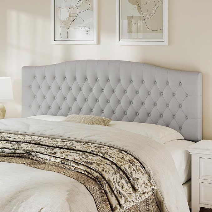 King Headboard Only, Velvet Classic Tufted Design, Light Gray | 2 installation options: 1.bed frame mount 2.wall mount (for adjustable bed), Classic hand-tufted headboard king size