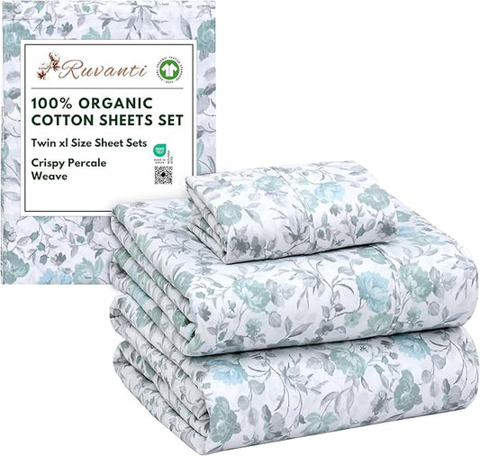 RUVANTI 100% Organic Cotton Sheets Twin XL, Percale Weave, GOTS Certified, 3-Piece Set, Deep Pocket 15", Crisp & Breathable, Soft Durable Bedding, Sábanas Algodón Orgánico – Cold Chrysanthemum