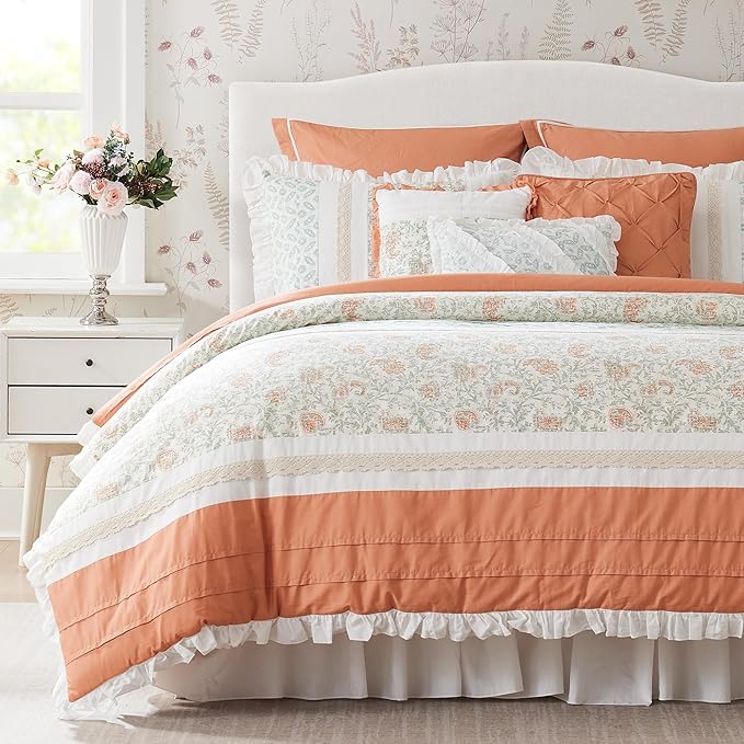Madison Park Dawn 100% Cotton Shabby Chic Comforter Set-Modern Cottage Design All Season Down Alternative Bedding, Matching Shams, Bedskirt, Decorative Pillows, King(104"x92"), Coral 9 Piece