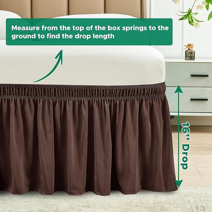 Biscaynebay Wrap Around Bed Skirts for Queen Beds 16" Drop, Brown Adjustable Elastic Dust Ruffles Easy Fit Wrinkle & Fade Resistant Silky Luxurious Fabric Solid Machine Washable