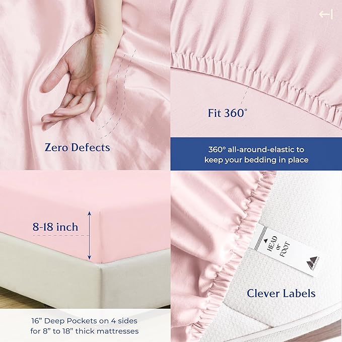 Mayfair Linen 100% Organic Cotton Sheets Queen Size - 4 PC Organic Cotton Queen Size Percale Weave Sheet Set, Soft, Cooling, Crisp & Breathable, 16" Deep Pocket Hotel Quality Bedding Set - Blush