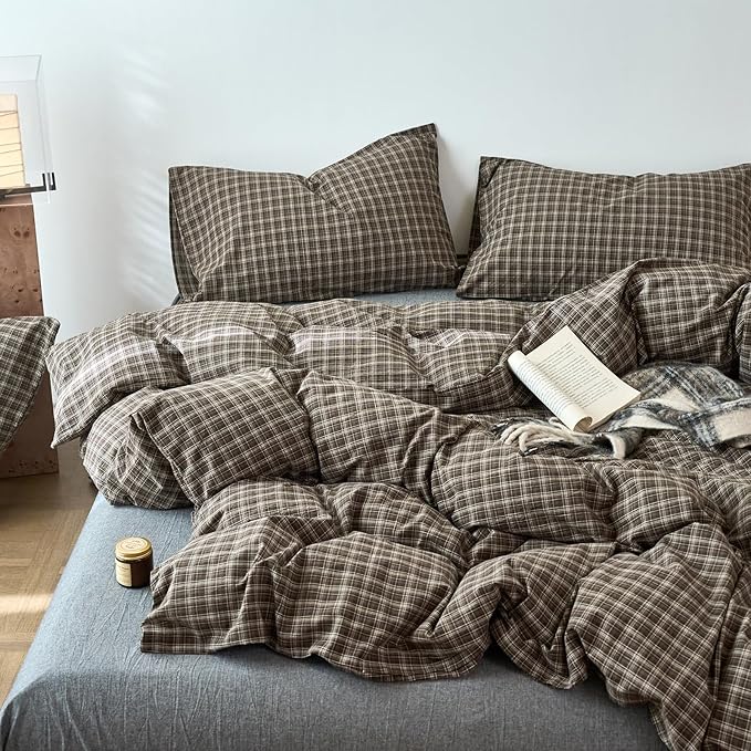 EAVD Vintage Style Dark Grey Gingham Plaid Duvet Cover Queen 100% Washed Cotton Like Linen Feel Soft 3-Piece Grid Plaid Bedding Set with 2 Pillowcases Reversible Geometric Duvet Cover with Zipper