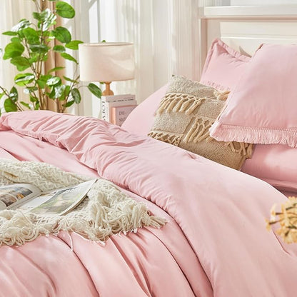 Andency King Size Comforter Set with Sheets Light Pink - 7 Pieces Bed in a Bag Boho Soft Lightweight Bedding Sets, Tassel Bed Set with Comforter, Sheets, Pillowcases & Shams