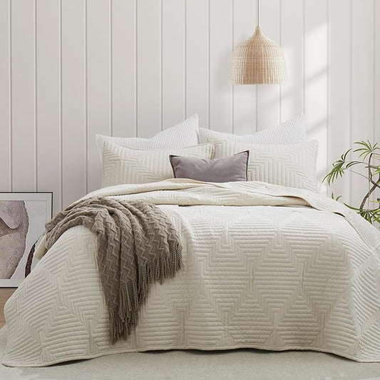 Oli Anderson King Quilt Set, Beige Lightweight Soft Bedspread Coverlet, Basket Weave Pattern Bedding, 3PCS Modern Geometric Stitching Textured Comforter Sets (1 Quilt and 2 Pillow Shams)