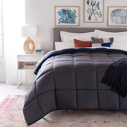 Linenspa Reversible Down Alternative Comforter and Duvet Insert, for Queen Size Bed – All-Season Comforter with Box Stitch and 8 Duvet Loops – Bedding for Kids, Teens, and Adults – Navy / Graphite