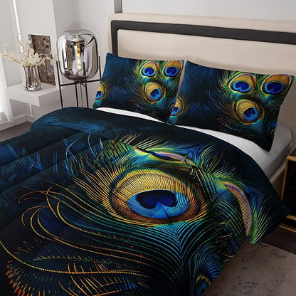 Peacock Feather Queen Bedding Set - Boho Comforter for Girls, Bohemian Gothic Decor, Western Hippie Animal Print Black