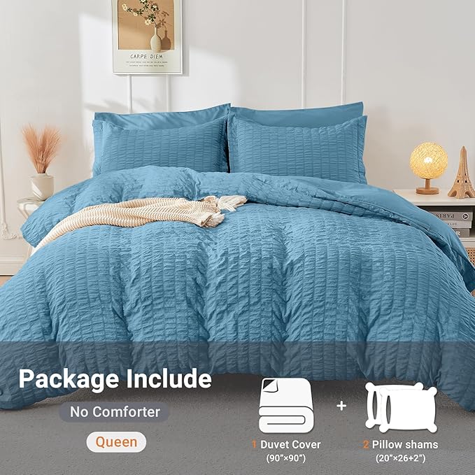 HYMOKEGE Mineral Blue Duvet Cover Full Size, Ultra Soft 3-Piece Seersucker Duvet Cover Set with Zipper Closure, Soft Brushed Microfiber Bedding Set with 8 Corner Ties (80"x90", 2 Pillowshams)