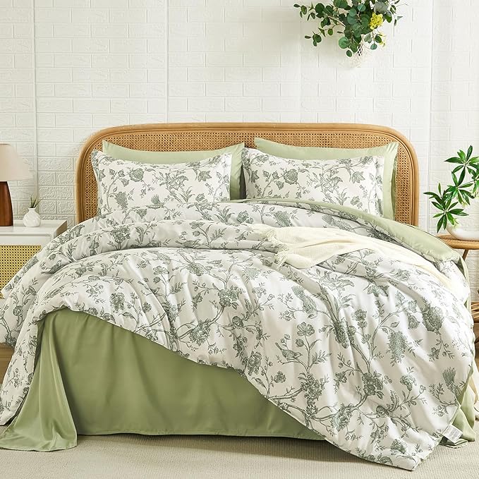 Luxudecor Floral King Comforter Set 7 Pieces Bed in a Bag, Sage Green Flower with Bird Bedding Set, Soft Reversible Comforter with Sheet Set 104"x90"