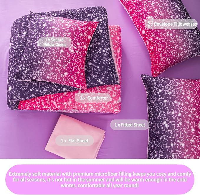 RYNGHIPY 6Pcs Queen Gradient Pink Purple Glitter Comforter Sets for Teens Girls Kids, Colorful Rainbow Glitter Themed Bedding Set