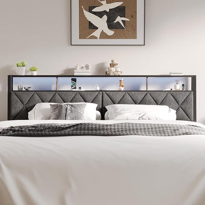 Full Headboard Only, Headboard for Full Size Bed with Storage, Upholstered Headboards with LED Lights & Charging Station, Attach Frame, Ideal for Bedroom/Dorm/Guest Room, Dark Grey & Brown
