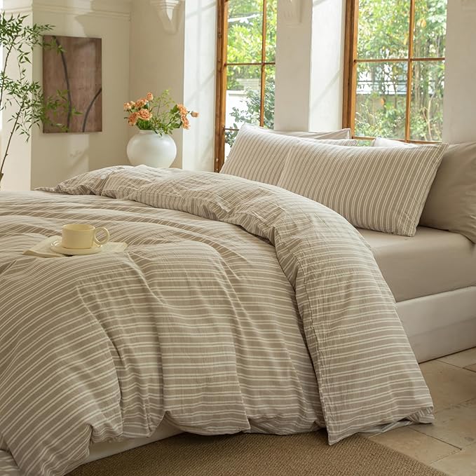 Striped Duvet Cover Set 100% Washed Cotton Linen Like Soft Feelling Breathable Bedding(Strip-Beige/White,Twin)