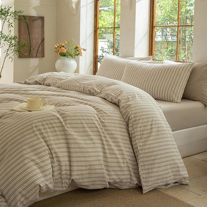 Striped Duvet Cover Set 100% Washed Cotton Linen Like Soft Feelling Breathable Bedding(Strip-Beige/White,Twin)