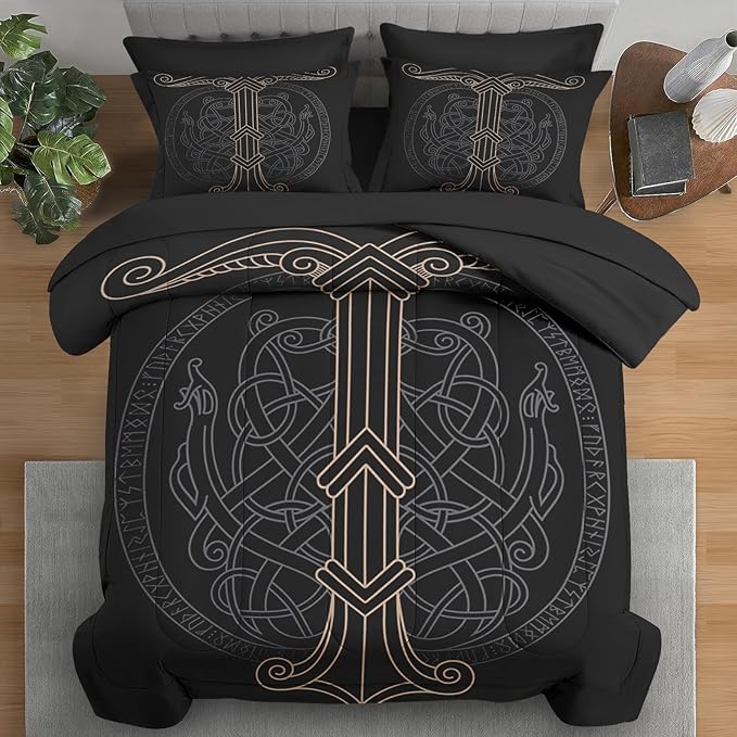 Comforter Set Queen Size, Tree Viking Norse 7 Pcs Bedding for Kids and Adults, Dragon Medieval Gothic Bed Sheet Sets with Fitted Sheet 2 Pillowcases & 2 Shams for Bedroom Bed Decor