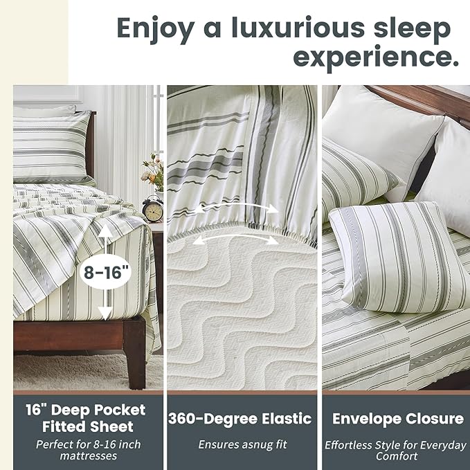 100% Linen Sheets Queen Size,Breathable & Durable 4-Piece Bed Flax Stripes Sheet Set,Soft All-Season Bedding for Hot Sleepers 16" Deep Pocket Oeko-TEX Certified,（Queen, Grey Stripes）