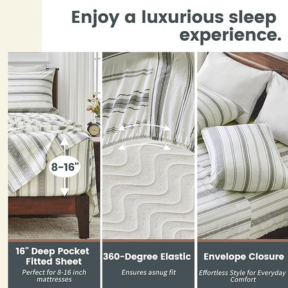 100% Linen Sheets Queen Size,Breathable & Durable 4-Piece Bed Flax Stripes Sheet Set,Soft All-Season Bedding for Hot Sleepers 16" Deep Pocket Oeko-TEX Certified,（Queen, Grey Stripes）