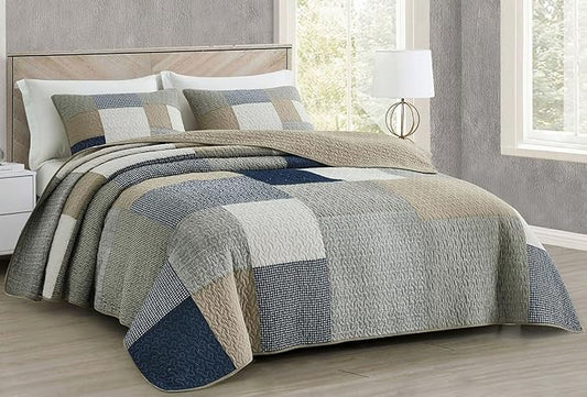 Chezmoi Collection Addy 3-Piece Navy Blue White Gray Taupe Plaid Patchwork Quilt Set - Pre-Washed Cotton Coverlet - Lightweight Reversible Bedspread, King Size