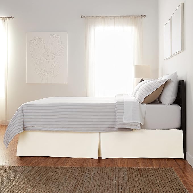 Amazon Basics Lightweight Pleated Bed Skirt, Machine Washable, Wrinkle and Fade Resistant, Queen, Off White