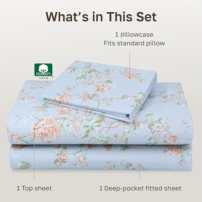 California Design Den Floral Deep Pocket Twin Sheets Set - 400 Thread Count Sateen, Natural 100% Cotton Sheets, and Durable Bedding Set - Antique Rose