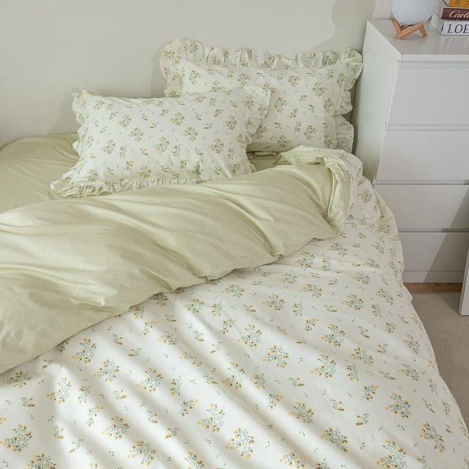 HighBuy Green Floral Comforter Set Twin XL Lace Ruffles Reversible Stripes Comforter Fluffy with 2 Pillow Shams Toddler Girls Boho Romantic Lace Coquette Bedding Set