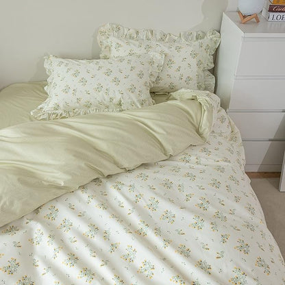 HighBuy Garden Flower Comforter Set Full Green Floral Bedding Comforter Set Stripes Farmhouse Bedding Set 1 Lace Ruffle Comforter and 2 Lace Pillowcases Romantic Comforter Sets for Girls Women