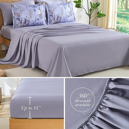 Yiran King Size Comforter Set 7 Piece, Purple Floral Bedding Set, Lightweight Bed in a Bag King with Botanical Flowers Spring, Soft Warm Lavender Comforters with Sheets Complete for All Season