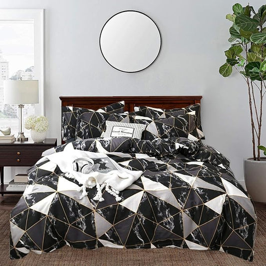 CLOTHKNOW Black White Marble King Size Comforter Set 3Pcs Triangle Plaid Bedding Sets All Season Geometric Comforter