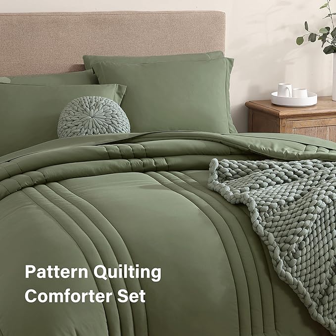 Monbix King Size Comforter Set - 7 Pieces Bed in a Bag King, Light Sage Green Bedding Sets with Comforter, All Seasons Comforter Bed Set with Sheets, Pillowcases & Shams