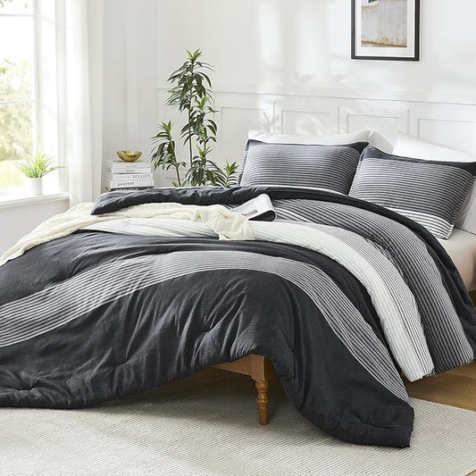 Litanika Queen Comforter Set Black White Grey - 3 Pieces Lightweight Summer Bedding Set, All Season Down Alternative Comforter (1 Comforter, 2 Pillowcases)