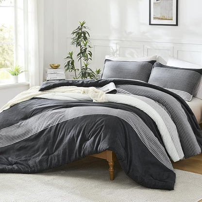 Litanika Comforter King Size Set Black White Grey - 3 Pieces Lightweight Bedding Comforter Set, Fluffy Down Alternative Comforter (1 Comforter, 2 Pillowcases)