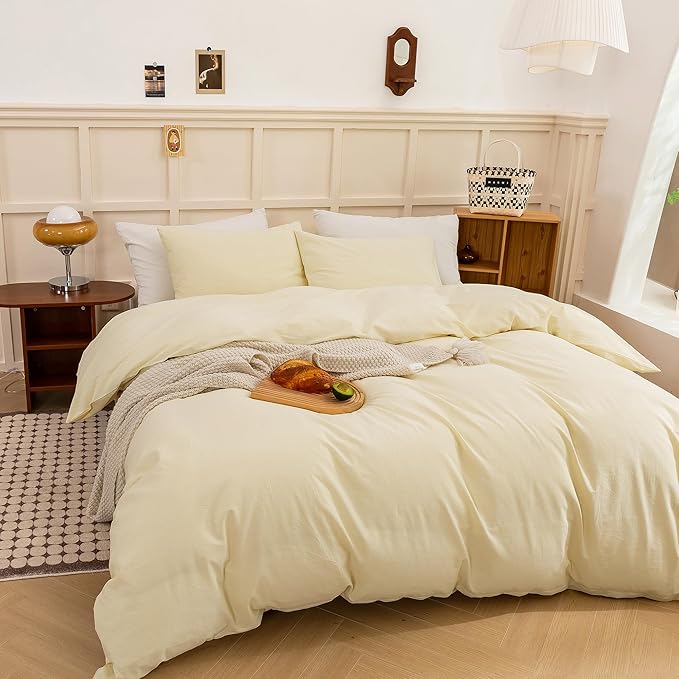 ECOCOTT Duvet Cover King Size, 100% Washed Cotton Linen-Like Soft & Breathable, Durable Comfy Bedding Set for All Seasons Light Yellow