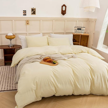 ECOCOTT Duvet Cover King Size, 100% Washed Cotton Linen-Like Soft & Breathable, Durable Comfy Bedding Set for All Seasons Light Yellow