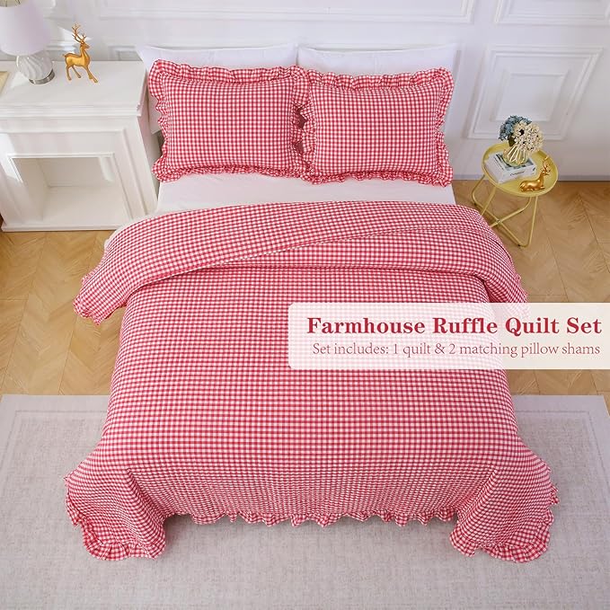 Red White Ruffle Gingham Quilt Set Queen Size with 2 Pillow Shams, 100% Washed Cotton Yarn-Dyed Quited Bedspread Farmhouse Bedding Set (Red, Queen)