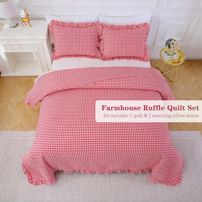 Red White Ruffle Gingham Quilt Set Queen Size with 2 Pillow Shams, 100% Washed Cotton Yarn-Dyed Quited Bedspread Farmhouse Bedding Set (Red, Queen)