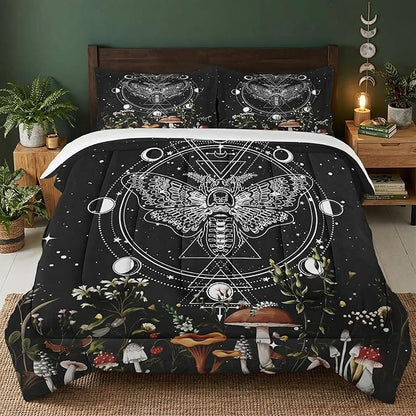 Full Size Comforter Set with 2 Pillowcases, Moth Dead Moon 3 Pcs Bedding for Kids and Adults, Vintage Mushroom Wildflower Soft Comforter Set for Bedroom Bed Decor