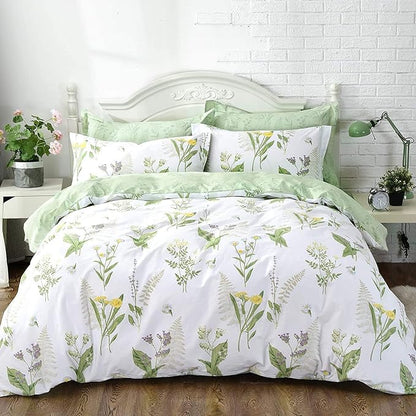FADFAY Girls Floral Bedding Twin Duvet Cover Set Premium 100% Cotton Green Floral Yellow Daisy Purple Lavender Flowers Bedding Set 3-Piece-1Duvet Cover & 2Pillowcases