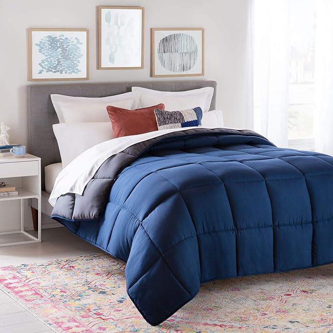 Linenspa Reversible Down Alternative Comforter and Duvet Insert, for Full Size Bed – All-Season Comforter with Box Stitch and 8 Duvet Loops – Bedding for Kids, Teens, and Adults – Navy / Graphite