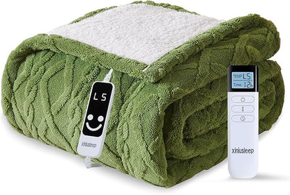 Heated Blanket Electric Blanket 62"x84", Soft Taffeta Sherpa Electric Throw with 5 Heating Level & 1-12 Hour Auto Off, Heated Throw with Overheating Protection, Machine Washable(Dark Green)