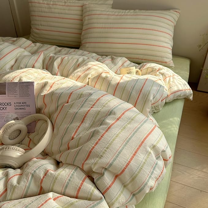 EAVD Vintage Colorful Striped Comforter Set King Soft Cotton 3-Piece Retro Vertical Striped Bedding Set with 2 Pillowcases Boho Geometric Comforter Set for All-Season(Orange&Yellow&Green, King)