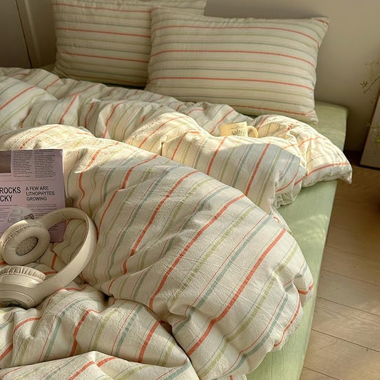 EAVD Vintage Colorful Striped Comforter Set Full Soft Cotton 3-Piece Retro Vertical Striped Bedding Set with 2 Pillowcases Boho Geometric Comforter Set for All-Season(Orange&Yellow&Green, Full)
